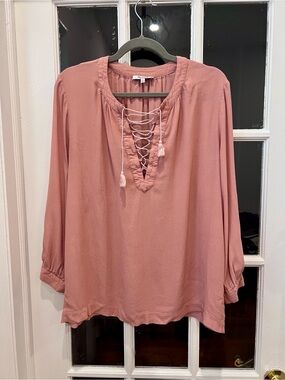 Madewell salmon/coral Lace-Up Tassel Peasant Blouse Size M Boho 100% Viscose